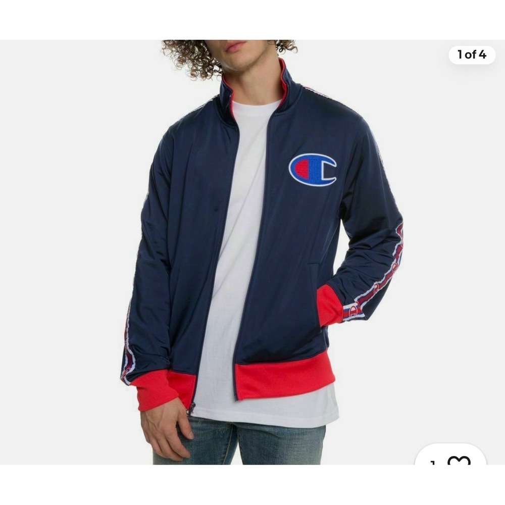 Champion Mens Track Jacket Black Red Big C Logo Tape Sleeve XL V3377 094